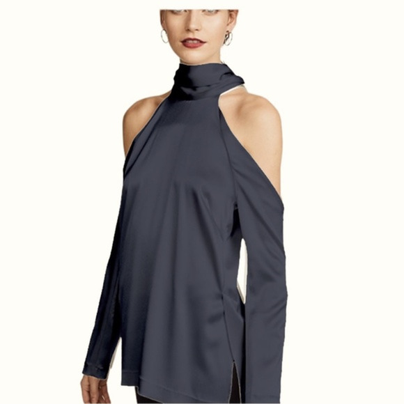 Galvan London Tunic Top Satin Long Sleeve Cold Shoulder Tie Back Black Size 2 - Picture 4 of 15